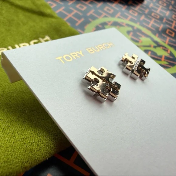 NWT! Tory Burch logo stud earrings in double gold: gold and silver tones - Picture 9 of 15